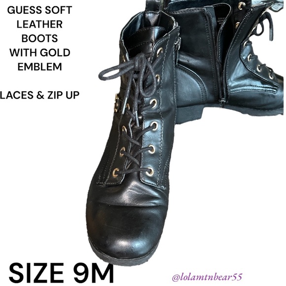 GUESS BRAND SOFT LEATHER ANKLE BOOTS-SIZE 9M-GOLD EMBLEM ON SIDES-ZIP UP AND TIE - Picture 9 of 16